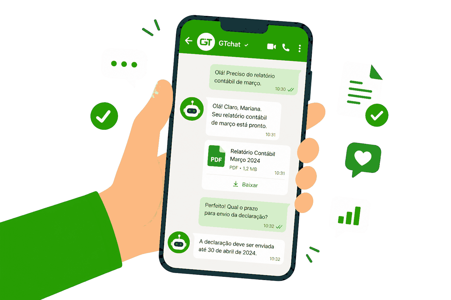 Mão humana usando o GTchat no WhatsApp